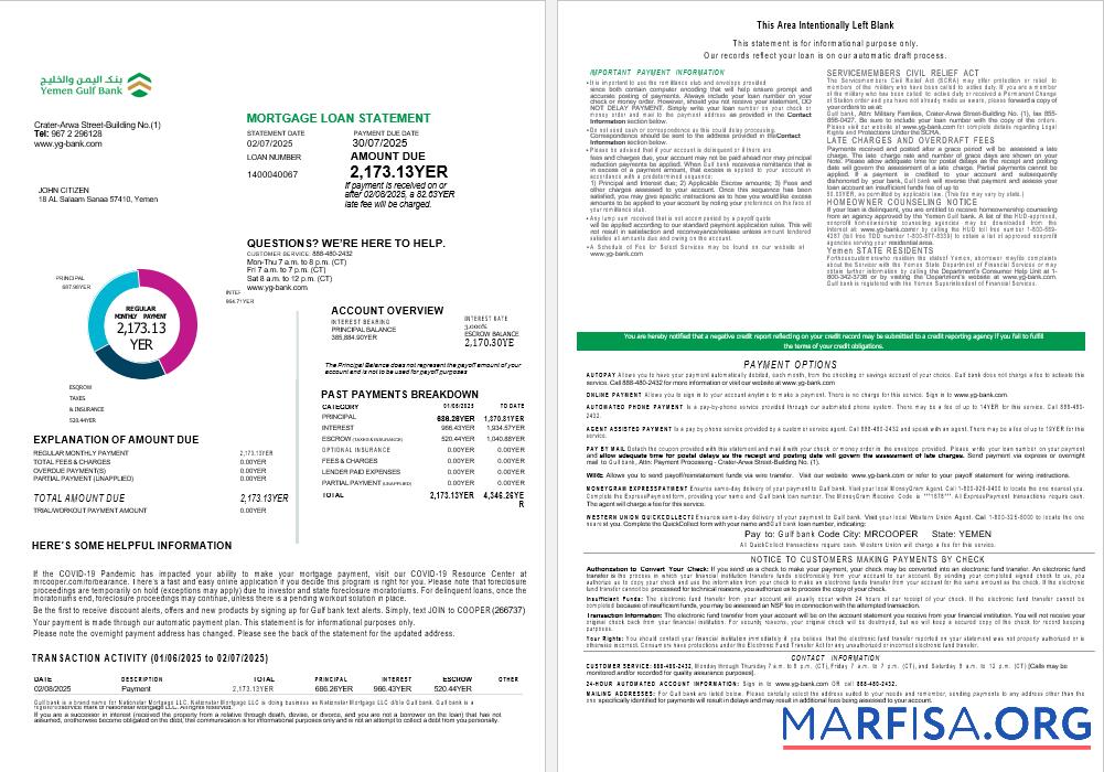 Blank Yemeni Gulf bank mortgage loan statement in Word and PDF formats , 4 pages 1 2 real example